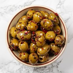 307763C Green Olives in Chilli & Pepper (Silver & Green)