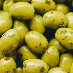 307762C Pitted Green Olives in Basil & Garlic (Silver & Green)