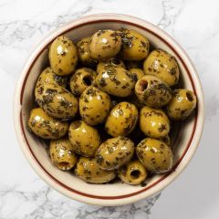 307762C Pitted Green Olives in Basil & Garlic (Silver & Green)